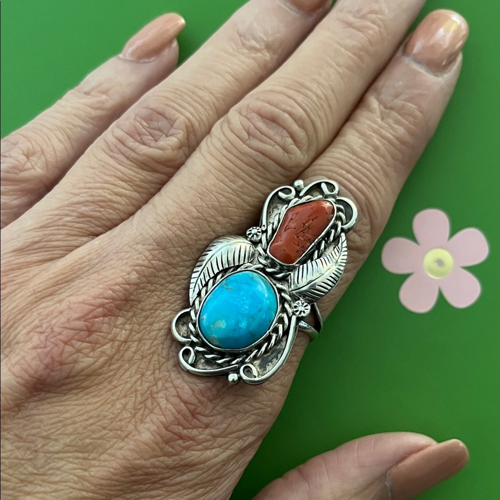 Silver Turquoise and Coral Stone Ring